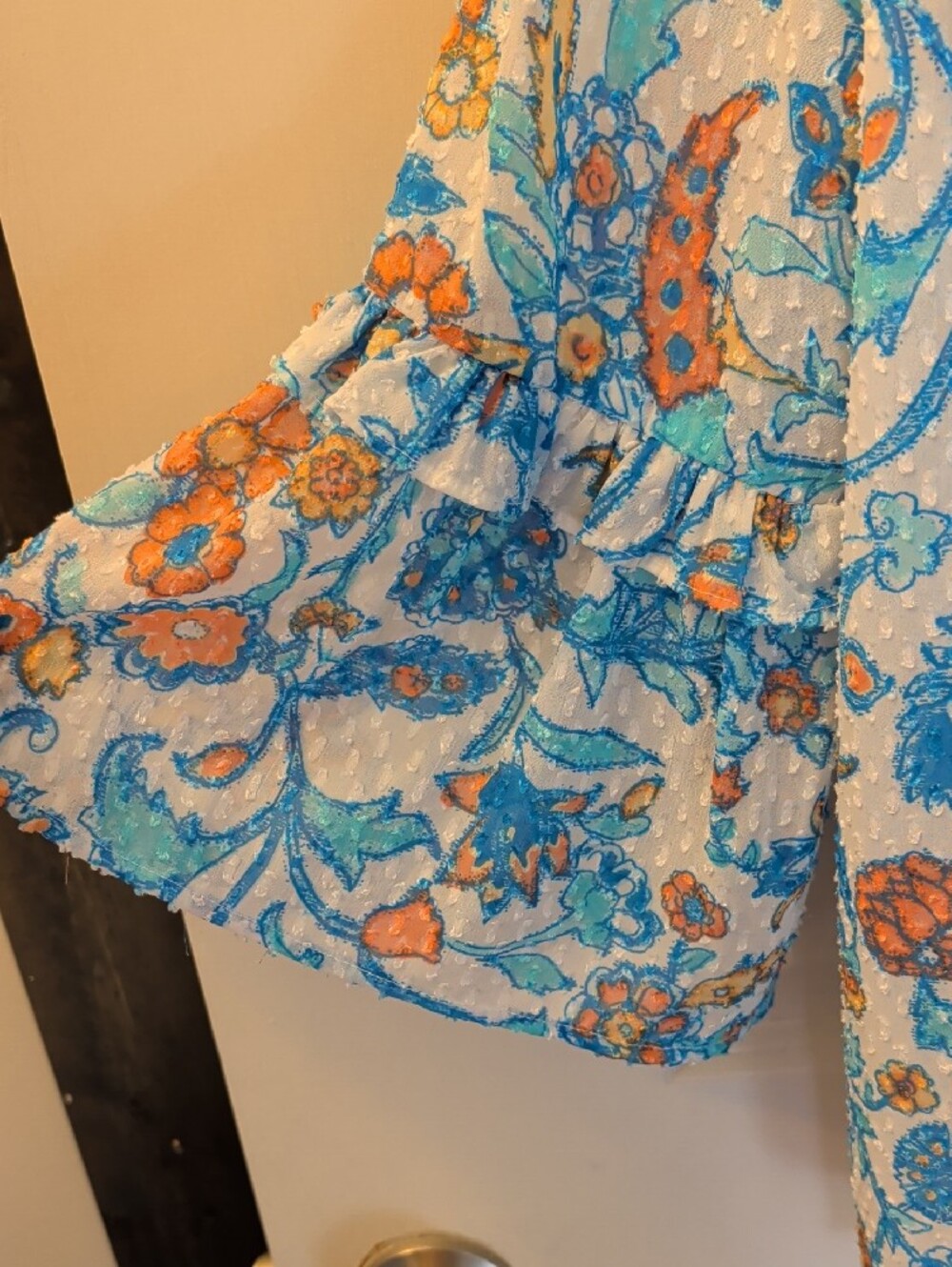 White Floral Tunic Top with Blue and Coral Motif - Women's - Picture 4 of 5